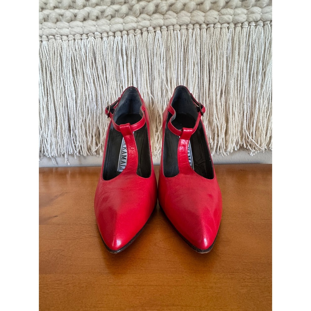 80s Vintage NORMA KAMALI Made In Italy Red Leather T Strap Stiletto Heels Size 7 - Picture 6 of 15